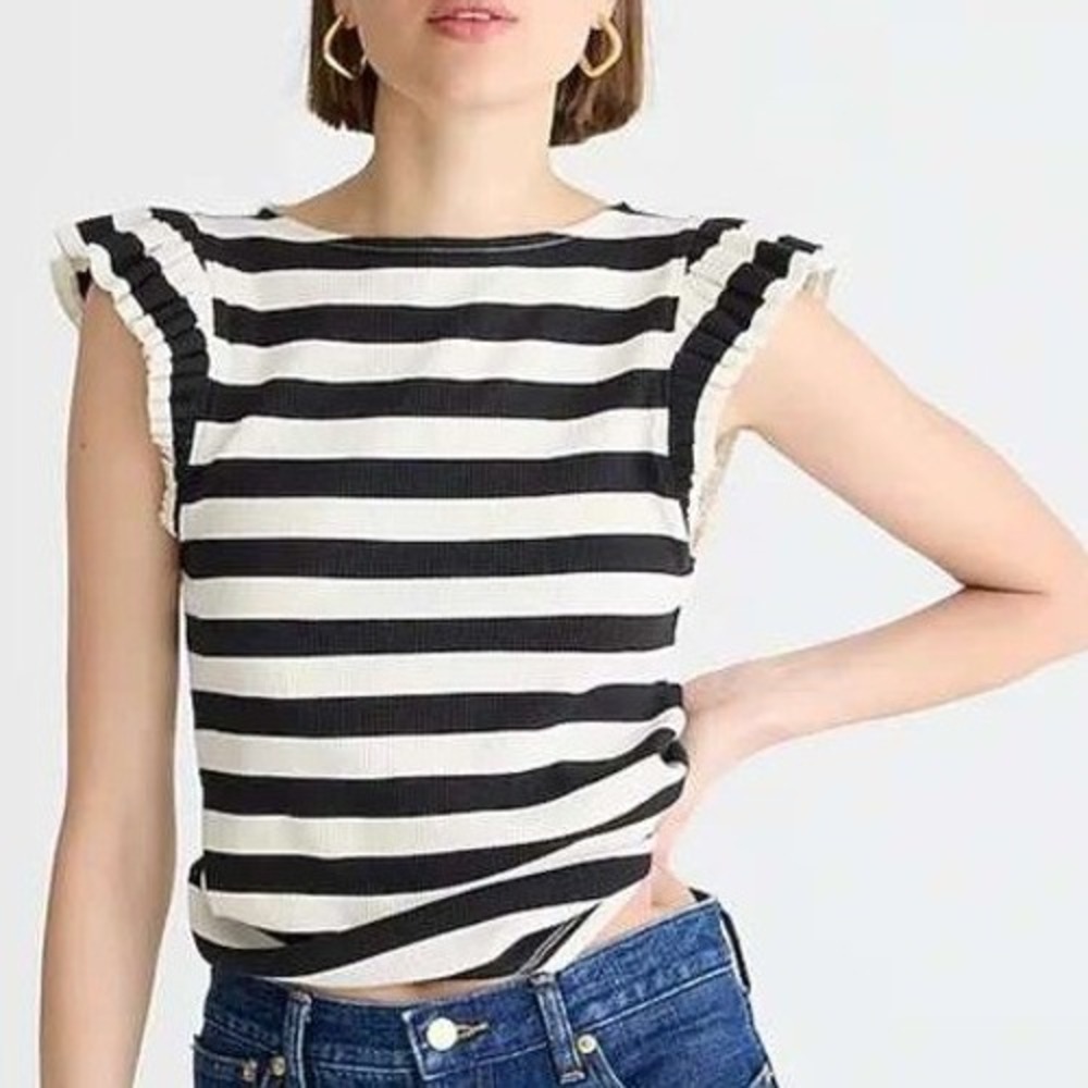 J Crew Striped Rib Knit Top XS Black White Ruffle Sleeve Stretch Breton Parisian
